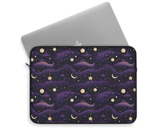 Celestial Purple with Gold Moons Laptop Sleeve Cover - Three Sizes 12", 13" or 15" - Celestial Artwork Illustration Moons and Stars