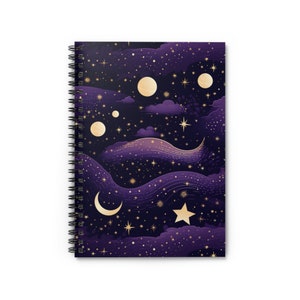 Celestial Purple with Gold Moons - Spiral Notebook with Ruled Lines,  6x8 Inches - Journal Notebook Celestial Illustration Moons and Stars