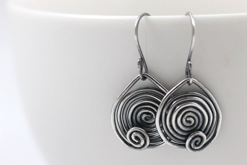 Spiral oxidized sterling silver dangle earrings, mother gift, circle earrings, signature design earrings image 5