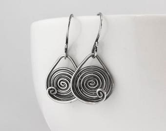 Spiral oxidized sterling silver dangle earrings, mother gift, circle earrings, signature design earrings