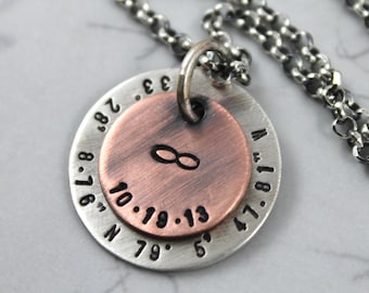 Custom hand stamped mens personalized necklace, anniversary necklace, custom coordinates, custom mens necklace, Inspirational gift