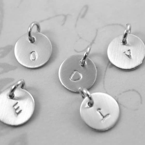 Inspirational, Sterling silver charm with 1 letter or number, tiny dainty charm, single initial charm hand stamped