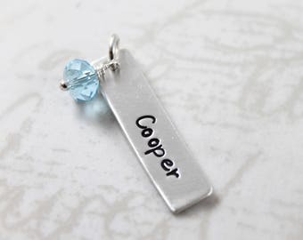Inspirational, Custom handmade bar charm with name and birthstone, sterling silver hand stamped with custom name, personalized charm