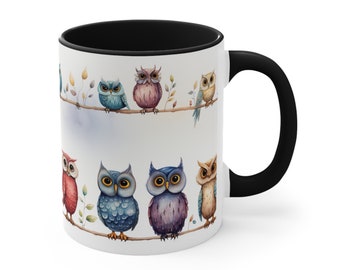 Colorful Owls Coffee Mug, Tea Cup, 11oz or 15oz - ORCA Coating - Microwave & Dishwasher Safe - Owls Illustration Owl Art