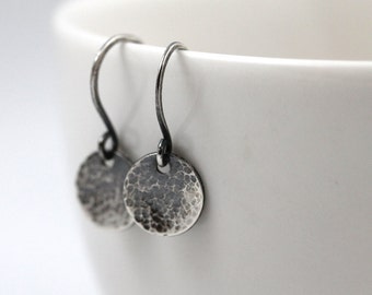 Tiny, Textured darkened sterling silver circle earrings, hammered disc earrings, dangle earrings, mother gift