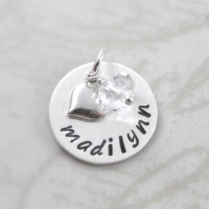 Inspirational, Custom sterling silver name charm with custom name, birthstone and tiny heart, hand stamped personalized charm image 1