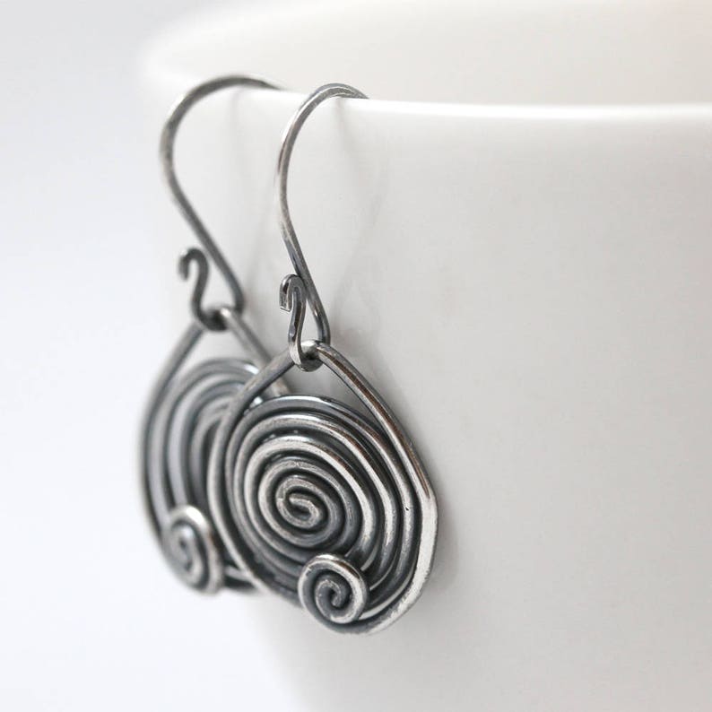 Spiral oxidized sterling silver dangle earrings, mother gift, circle earrings, signature design earrings image 8