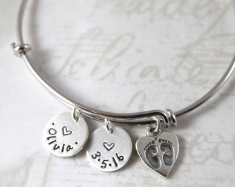 New mom gift, personalized expandable solid sterling silver bangle bracelet, charm bracelet, mother gift bracelet, custom hand stamped