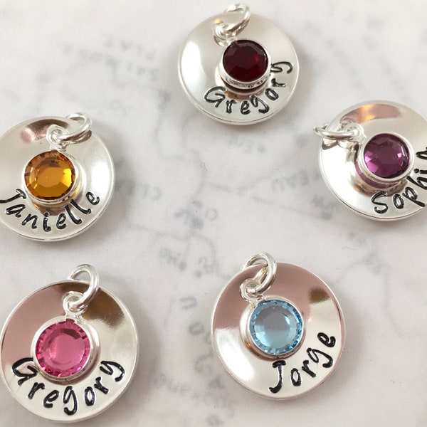 Inspirational, Custom handmade sterling silver name charm with birthstone, hand stamped with custom name, personalized charm