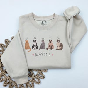 Happy Cats Sweatshirt, Embroidered Cute Cat T-Shirt, Cozy Crewneck for Cat Moms, Cat Lover T-shirt, Cute Embroidered Cats Sweater