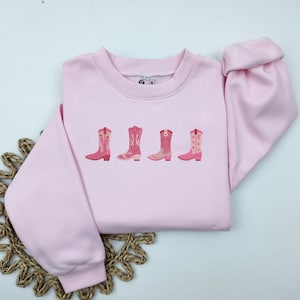 Cowgirl Boots Sweatshirt, Cowgirl Boots Embroidered Crewneck, Pink Boots Shirt, Cute Country Shirts, Western Tee for Women, Gift For Her