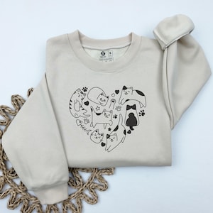 Cute Cat Heart Embroidered Sweatshirt, Cat Crewneck Sweatshirt, Cat Owner Pullover Jumper, Cat Mom Gift, Pet Lover Sweater, Cute Cat Sweater