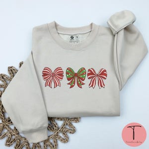 EMBROIDERED Christmas Bow Sweatshirt, Embroidered Christmas Crewneck Sweatshirt, Embroidered Coquette Christmas Sweater, Custom Xmas Gift