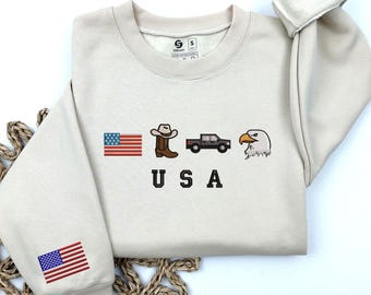 Embroidered USA Icons Crewneck Sweatshirt, Patriotic Eagle Cowboy Truck Sweater, American Flag on Sleeve