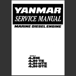 Puede incluir: Portada de manual de servicio en blanco y negro para motores diésel marinos Yanmar. La portada presenta el logotipo de Yanmar y el texto "Manual de servicio" y "Motor diésel marino". Los modelos enumerados son 4JHE, 4JH-TE, 4JH-HTE y 4JH-DTE.