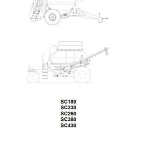 以下が含まれることがあります： ニューホランドSCシリーズ肥料散布機の白黒線画。記載されているモデルはSC180、SC230、SC260、SC380、SC430。テキスト「REPAIR MANUAL」は太字の青い文字で印刷されています。