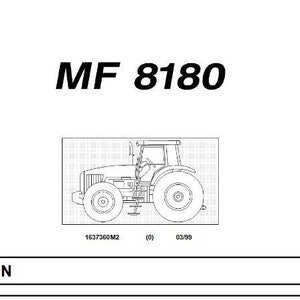 May include: Black and white line drawing of a Massey Ferguson MF 8180 tractor. The tractor has a cab and a large front tire. The image is labeled "MF 8180" and "Massey Ferguson".