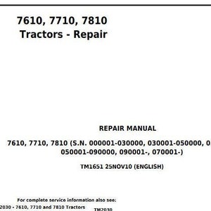 TM1651 - 7610 7710 7810 John Deere Tractors Technical Service Repair Manual Pdf Download
