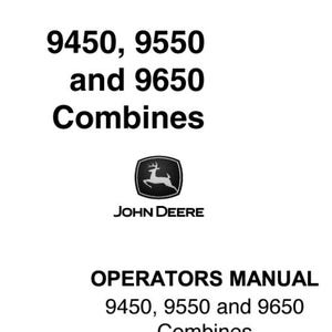 May include: White background with text: "9450, 9550 and 9650 Combines." Below is the John Deere logo, a leaping deer inside a shield. Below the logo is "OPERATORS MANUAL 9450, 9550 and 9650 Combines." The text "OMH175213 Issue E1 English" is at the bottom.
