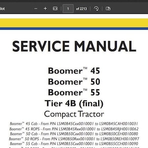Op de afbeelding: Een onderhoudsboek voor New Holland Boomer compacte tractoren. De handleiding behandelt de modellen 45, 50 en 55 met Tier 4B (final) motoren. De handleiding is voor de 1e editie, gepubliceerd in juni 2017. Het onderdeelnummer is 48144020.