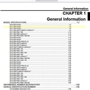 May include: A black and white page from a Polaris snowmobile service manual. The page lists model specifications for various snowmobile models from 2010 to 2013, including the 600 Rush, 800 Rush, Switchback, and Pro RMK. The page also includes information on snowmobile number designations, vehicle identification numbers, publication part numbers, special tools, and general reference.