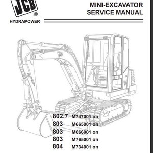 May include: A service manual for a mini-excavator, featuring a detailed line drawing of the machinery. The JCB logo is prominently displayed at the top, with the title "MINI-EXCAVATOR SERVICE MANUAL" below it. Includes technical specifications and contact information.