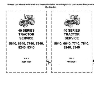 Könnte beinhalten: Zwei schwarz-weiße Traktor-Servicehandbücher mit markierten Schnittlinien. Die Handbücher sind für 40er-Serie Traktoren mit den Modellnummern 5640, 6640, 7740, 7840, 8240 und 8340. Das linke Handbuch ist Band 1 und das rechte Handbuch ist Band 2.