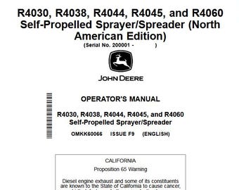 Operators - R4030 R4038 R4044 R4045 R4060 Self-Propelled Sprayer-Spreader John Deere Owners Users Operations Manual OMKK60066 PDF Download