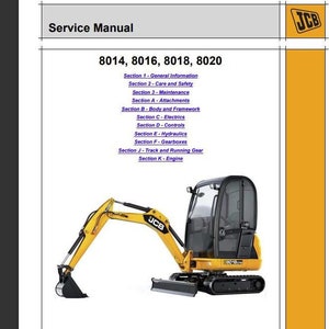 Puede incluir: Un manual de servicio titulado "Service Manual" con el logotipo de JCB. Cubre los modelos 8014, 8016, 8018 y 8020. La imagen muestra una mini excavadora JCB amarilla y negra, con el número de modelo 8018 visible.