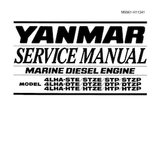 Puede incluir: Un manual blanco con texto negro, titulado "YANMAR SERVICE MANUAL". Especifica "MARINE DIESEL ENGINE" y enumera los modelos de motor. El logotipo de Yanmar Diesel Engine Co., LTD. está en la parte inferior. El fondo es gris oscuro.
