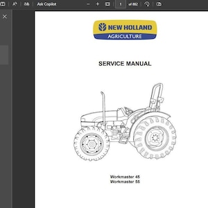 May include: A black and white line drawing of a New Holland Workmaster 45 and 55 tractor. The tractor is shown in profile view with the front wheels turned to the left. The tractor has a cab with a roll bar and a rear hitch. The text "Workmaster 45" and "Workmaster 55" is printed below the tractor.