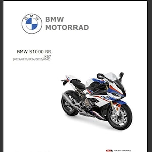 Könnte beinhalten: Ein Reparaturhandbuch für das BMW S1000 RR K67 Motorrad in Weiß, Blau und Rot. Der Leitfaden zeigt ein Foto des Motorrads und eine Nahaufnahme eines Motorradteils.