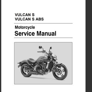 Könnte beinhalten: Servicehandbuch für Kawasaki Vulcan S und Vulcan S ABS Motorräder. Das Cover zeigt ein Graustufenbild des Motorrads. Der Text "Service Manual" ist deutlich sichtbar.