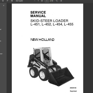 May include: Black and white image of a New Holland skid-steer loader. The loader is white with a black bucket and black tires. The text "SERVICE MANUAL" and "SKID-STEER LOADER L-451, L-452, L-454, L-455" is printed above the image. The text "NEW HOLLAND" is printed below the image. The text "40045140 Reprinted" is printed in the bottom right corner of the image.