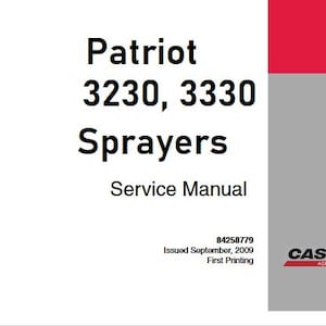 May include: A service manual for Patriot 3230 and 3330 sprayers. The cover is white with black text, a red stripe at the top, and a gray vertical bar on the right. The Case IH Agriculture logo is visible.