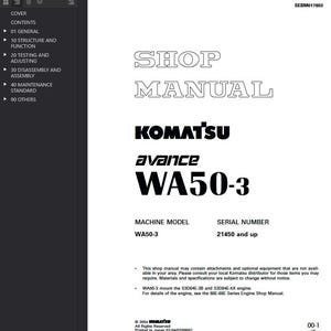 Puede incluir: Un manual de taller blanco con el texto "SHOP MANUAL" y el logotipo de Komatsu. El manual es para el modelo de m&aacute;quina WA50-3. El n&uacute;mero de serie es 21450 y superior. Incluye informaci&oacute;n sobre pruebas, desmontaje y mantenimiento.