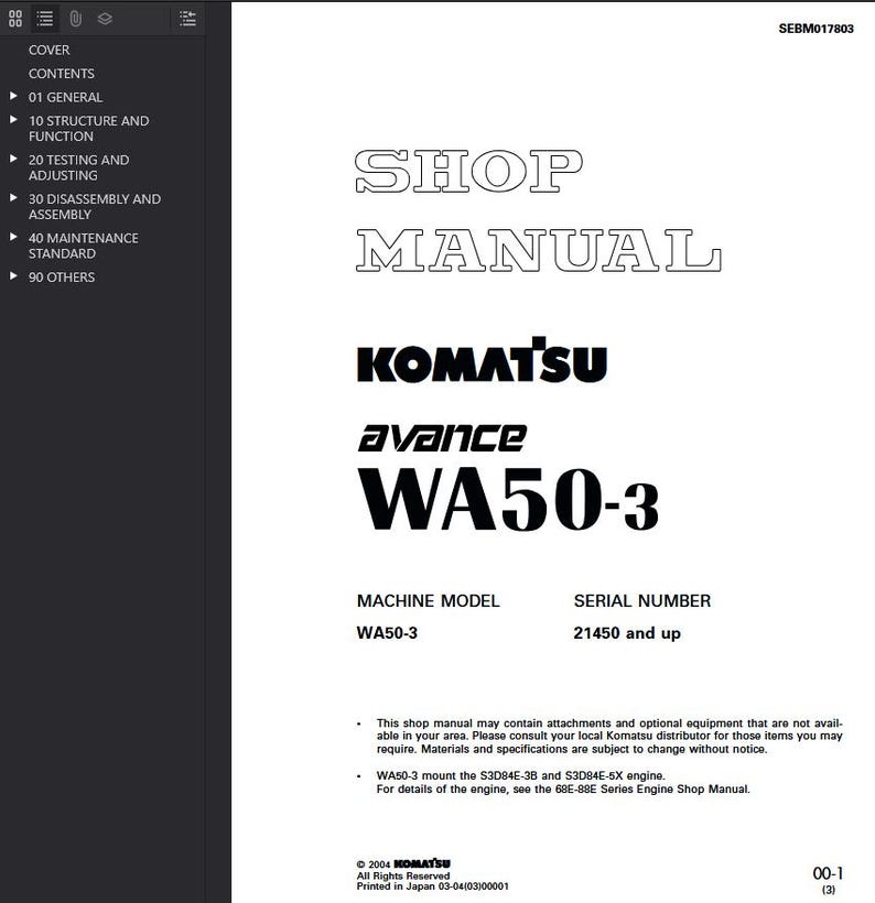 Puede incluir: Un manual de taller blanco con el texto "SHOP MANUAL" y el logotipo de Komatsu. El manual es para el modelo de m&aacute;quina WA50-3. El n&uacute;mero de serie es 21450 y superior. Incluye informaci&oacute;n sobre pruebas, desmontaje y mantenimiento.