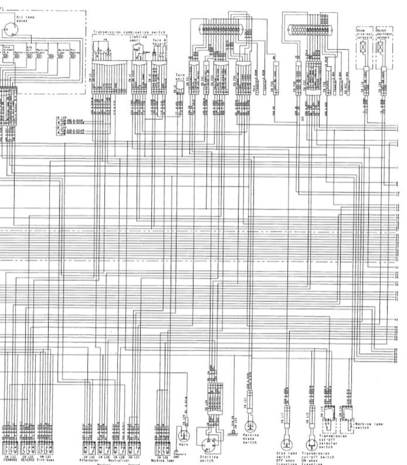 Puede incluir: Un diagrama esquem&aacute;tico en blanco y negro de un sistema el&eacute;ctrico, con numerosos componentes interconectados, cables y etiquetas. El diagrama incluye varios interruptores, rel&eacute;s y conectores, proporcionando una visi&oacute;n general.