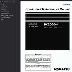 May include: A black and white manual titled "Operation & Maintenance Manual" for a hydraulic excavator PC2000-8. The manual includes warnings and notices, with the Komatsu logo at the bottom.