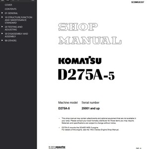 Puede incluir: Un manual de taller blanco con el t&iacute;tulo "SHOP MANUAL" en texto delineado. El manual presenta el logotipo "KOMATSU" y "D275A-5" en negrita negra. Tambi&eacute;n se enumeran el modelo de m&aacute;quina y el n&uacute;mero de serie.