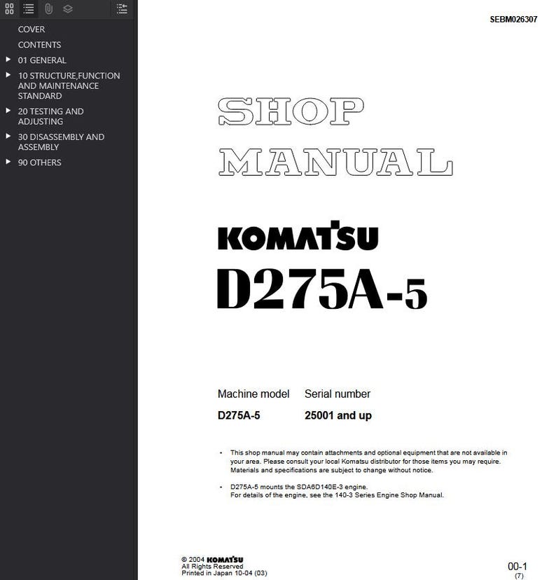 Puede incluir: Un manual de taller blanco con el t&iacute;tulo "SHOP MANUAL" en texto delineado. El manual presenta el logotipo "KOMATSU" y "D275A-5" en negrita negra. Tambi&eacute;n se enumeran el modelo de m&aacute;quina y el n&uacute;mero de serie.