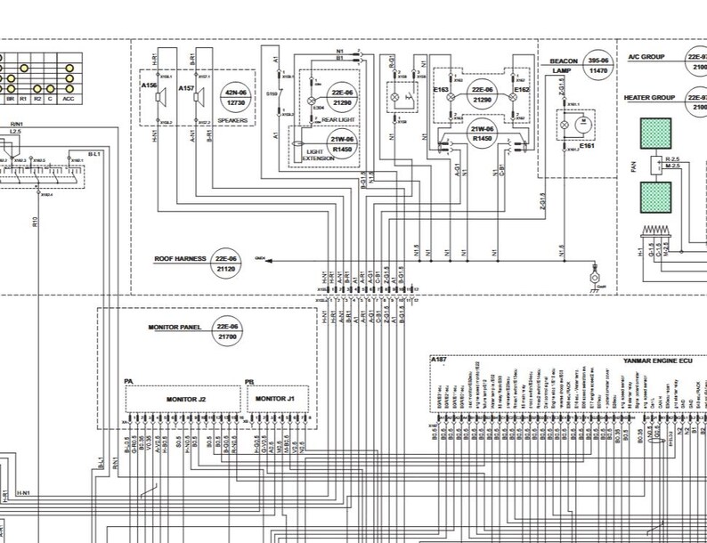 May include: A detailed black and white electrical schematic diagram with various labeled components, including "Monitor Panel," "A/C Group," and "Heater Group." The diagram features numerous lines, symbols, and text labels.