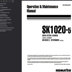 May include: A white manual titled "Operation & Maintenance Manual" with the text "SK1020-5" in large, bold, black font. The manual is for a skid-steer loader. The Komatsu logo is at the bottom.