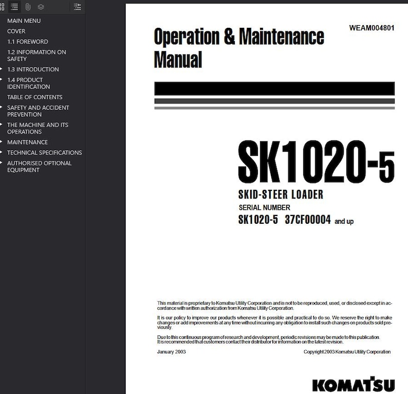 May include: A white manual titled "Operation & Maintenance Manual" with the text "SK1020-5" in large, bold, black font. The manual is for a skid-steer loader. The Komatsu logo is at the bottom.