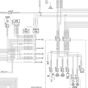 K&ouml;nnte beinhalten: Detaillierter Schaltplan mit Beschriftungen f&uuml;r elektrische Komponenten im Automobil. Enth&auml;lt Abschnitte f&uuml;r Stromversorgung, Radio, Lautsprecher, Beleuchtung und verschiedene Sensoren. Das Diagramm verwendet Linien und Symbole.