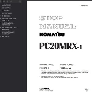 May include: A white shop manual with the title "SHOP MANUAL" and the brand "KOMATSU" in black. The model number "PC20MRX-1" is prominently displayed. The manual includes sections on maintenance and assembly.