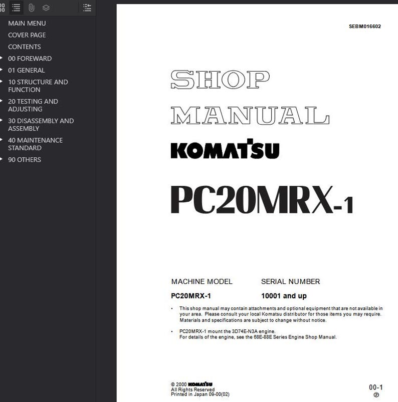 May include: A white shop manual with the title "SHOP MANUAL" and the brand "KOMATSU" in black. The model number "PC20MRX-1" is prominently displayed. The manual includes sections on maintenance and assembly.