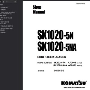 May include: A white shop manual cover with black text. The title "Shop Manual" is at the top, with "SK1020-5N" and "SK1020-5NA" below. The text "SKID STEER LOADER" is also visible. The Komatsu logo is at the bottom.