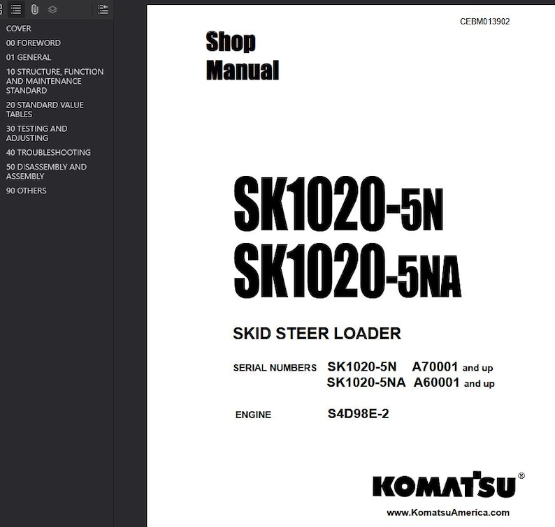 May include: A white shop manual cover with black text. The title "Shop Manual" is at the top, with "SK1020-5N" and "SK1020-5NA" below. The text "SKID STEER LOADER" is also visible. The Komatsu logo is at the bottom.