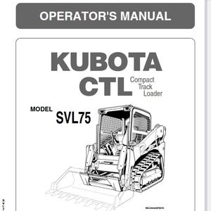 Może przedstawiać: Czarno-biały rysunek liniowy kompaktowego ładowacza gąsienicowego Kubota CTL, model SVL75. Ładowarka jest pokazana z przodu, z podniesionym łyżką.